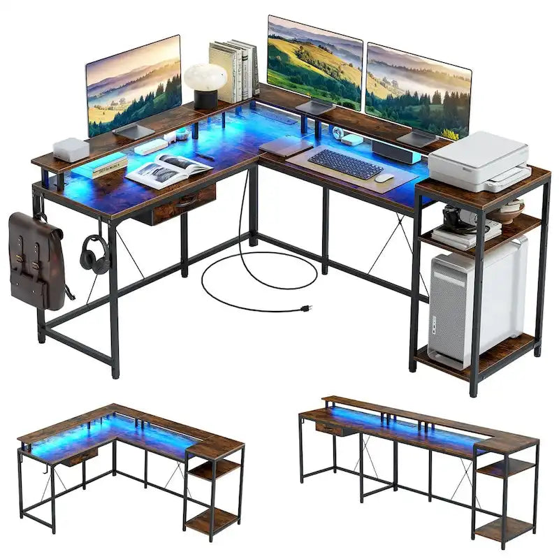 L-Shaped Desk with LED Lights & Power Outlet
