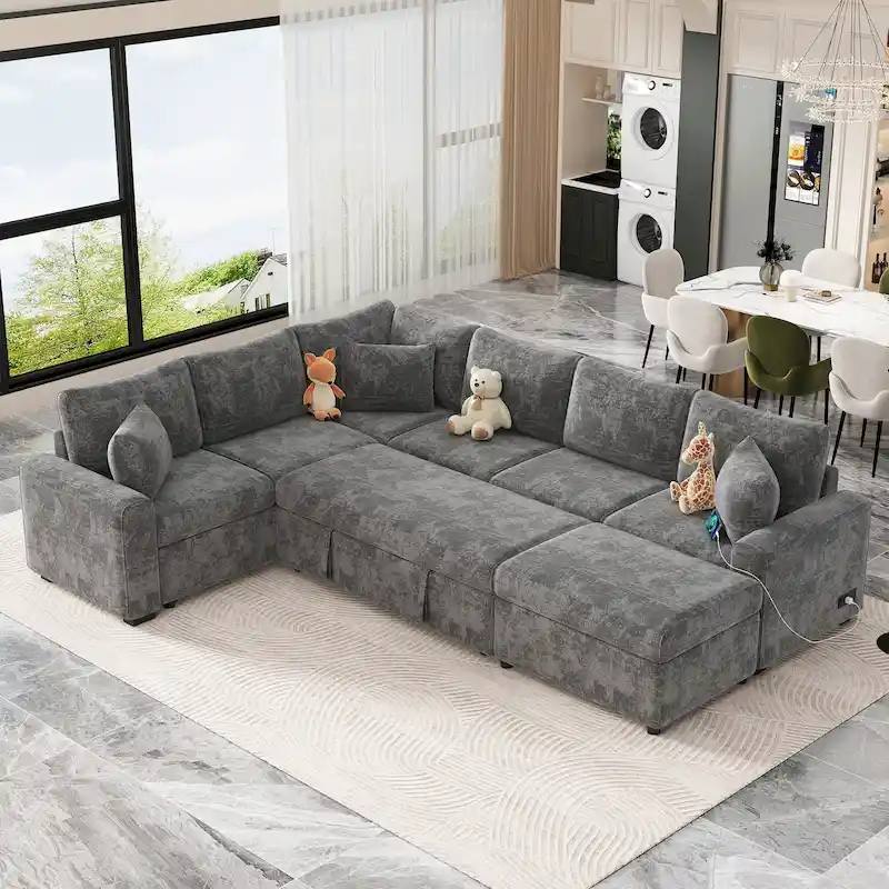 Chenille Sectional Sofa Pull-out Sofa Bed, L-Shape Sleeper Sofa with Storage Ottoman, 3 Pillows and Charging Devices