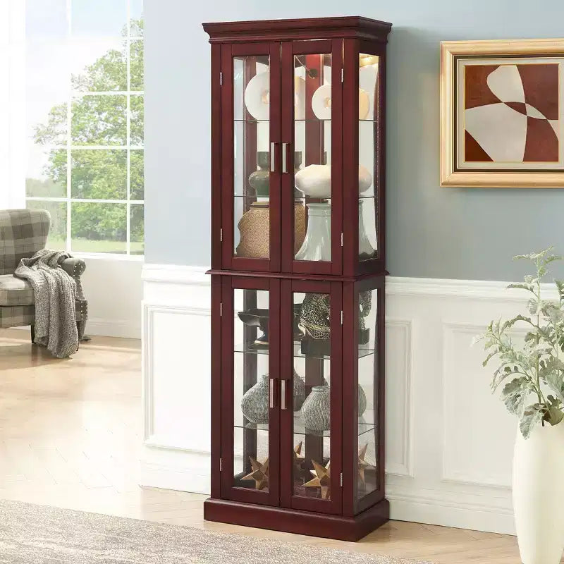 Display Cabinet, Curio Cabinet with 6 Adjustable Shelves and Tempered Glass Doors, Tall Cabinet for Living Room, Bedroom