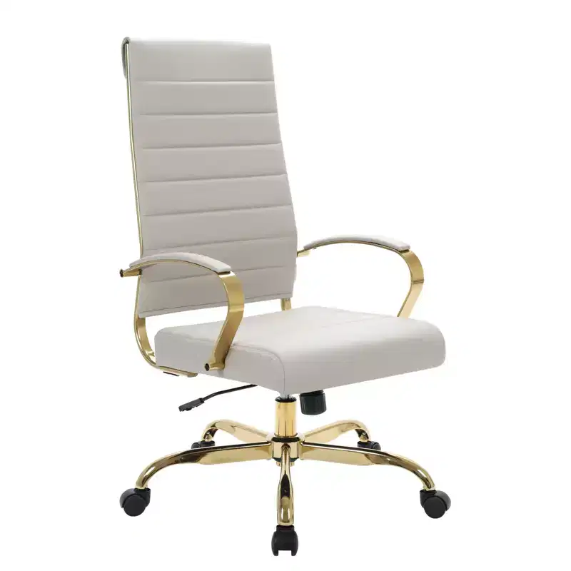 LeisureMod Benmar High-Back Ribbed Leather Office Chair - Modern Swivel & Tilt Executive Desk Chair - Gold Base