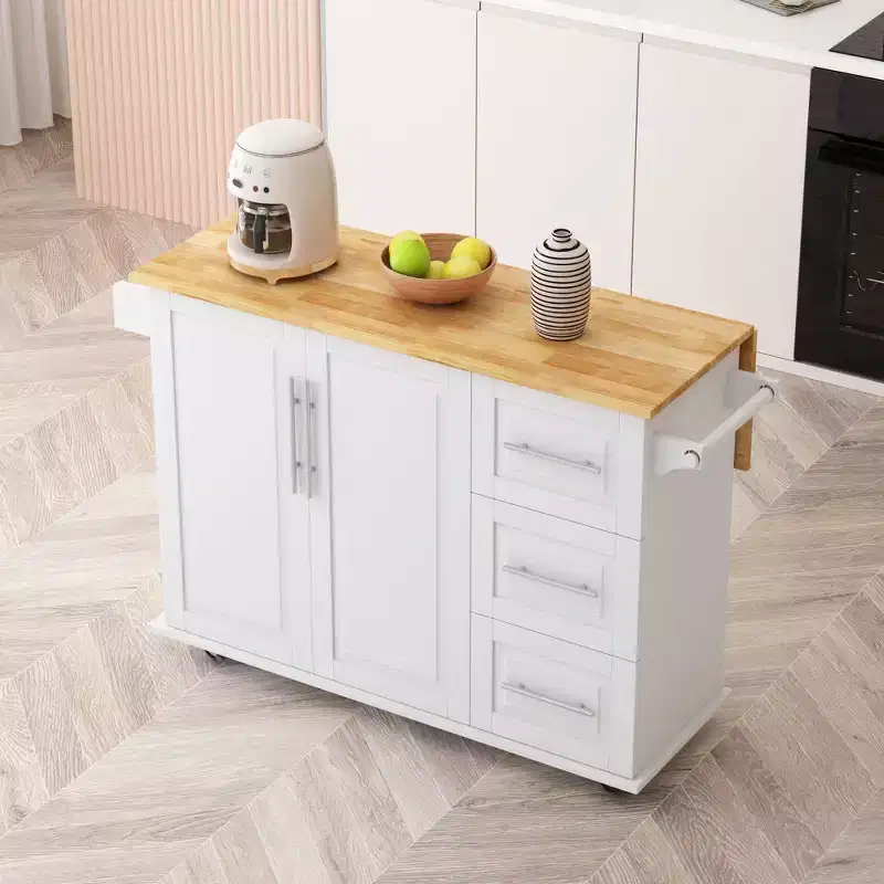 Kitchen Island with Drop-Leaf Countertop & Drawers, Mobile Rolling Kitchen Cart with Racks and Storage Cabinet