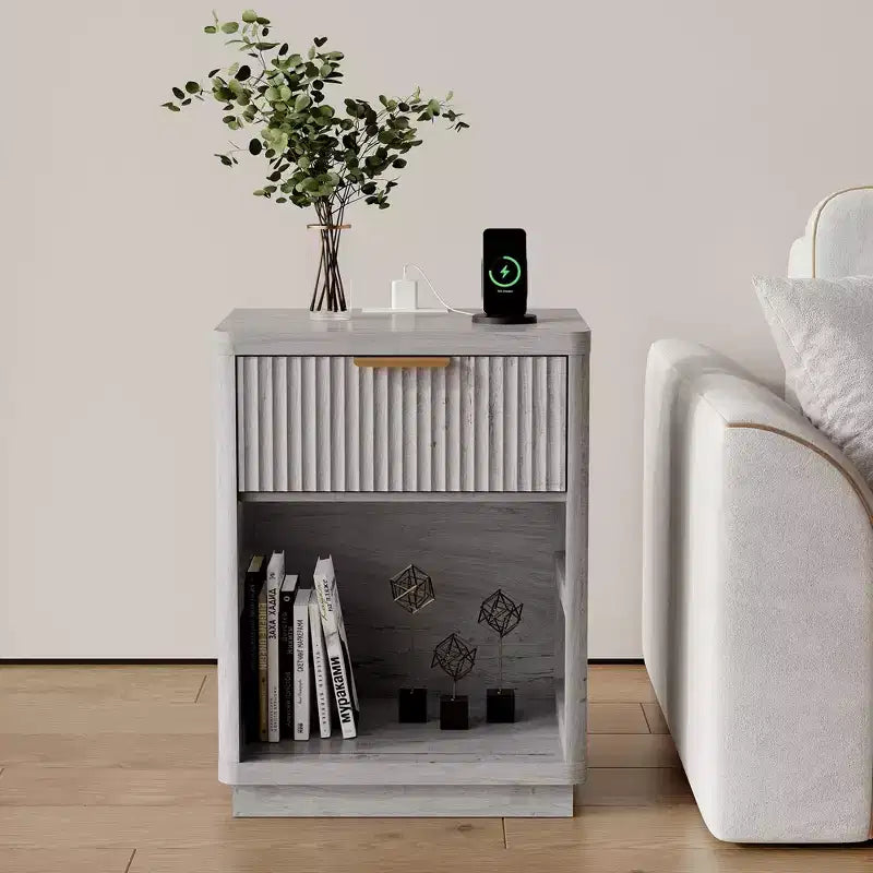Fluted Nightstand with Charging Station and Drawers