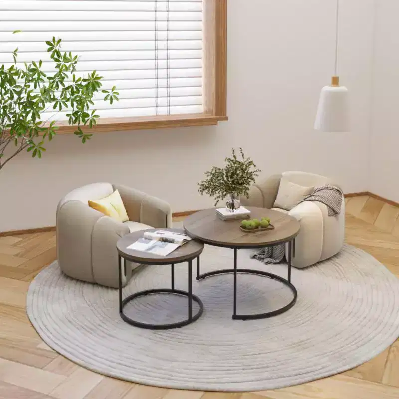 Nesting Coffee Table Set of 2, 27.6inch Round Coffee Table Wood Marble Pattern Top with Sturdy Metal Frame, End Table Side Tables