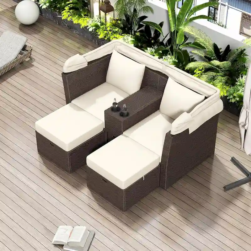 Outdoor Patio Loveseat Sofa Set with Foldable Awning