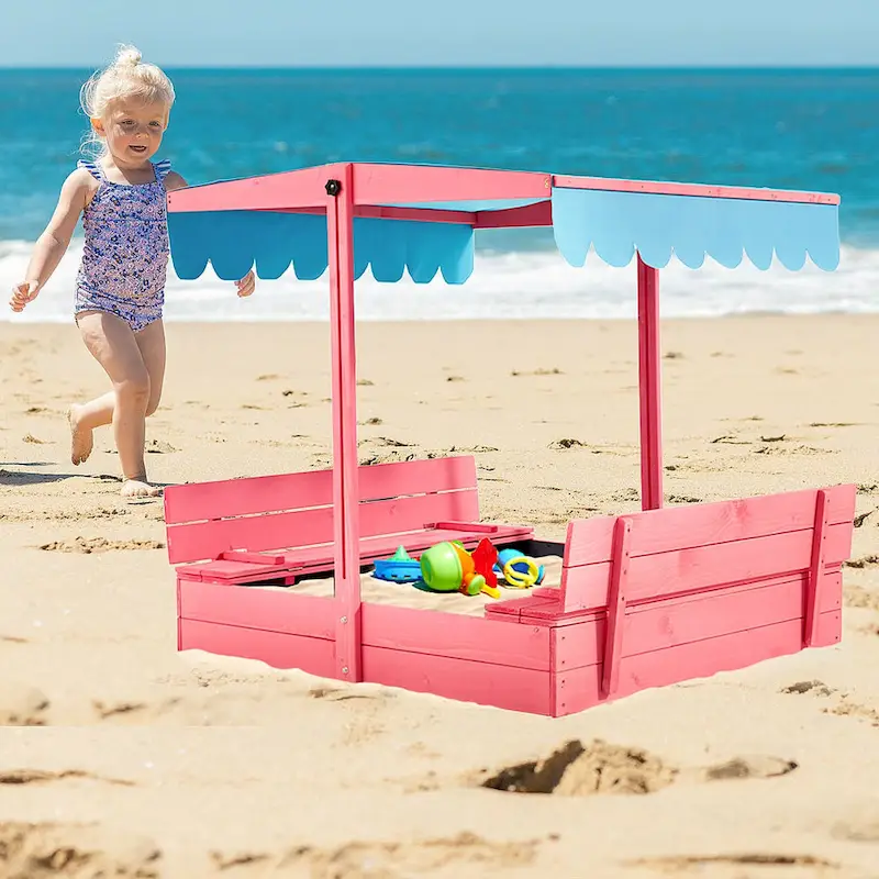 EROMMY Children's Wooden Sandbox with Folding Bench Seats and Adjustable Canopy,Pink