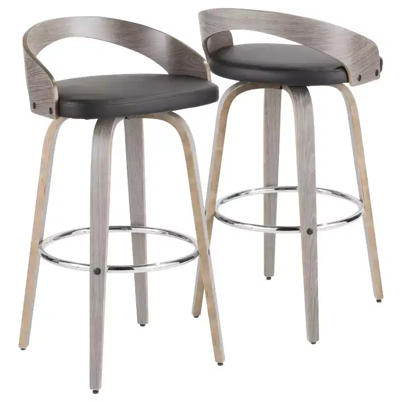 LumiSource Set of 2 29.5" Grotto Mid-Century Modern Barstools Light Gray/Black: Swivel, Wood Legs, Upholstered