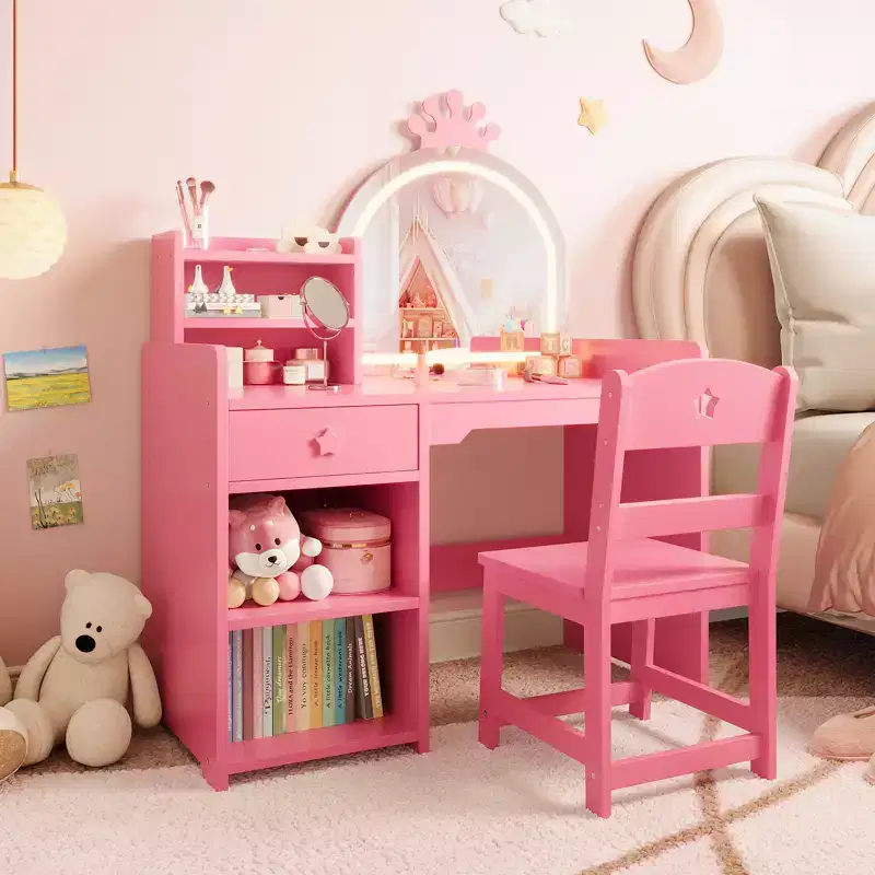Kids Vanity Table and Chair Set with Mirror and Lights, Drawer and Open Storage Shelves, Wooden Dressing Table for Little Girls