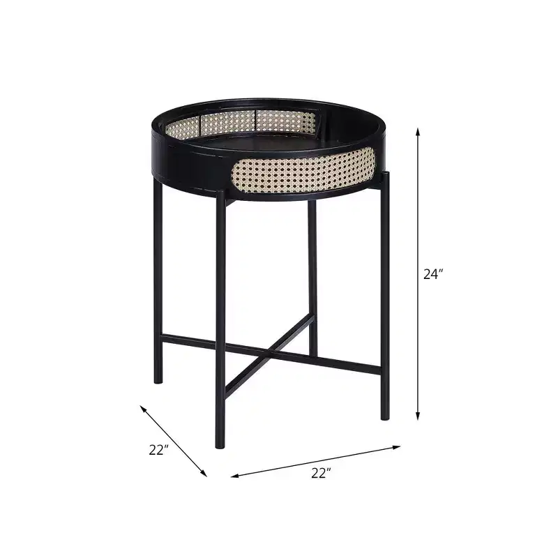 22 Colson Accent Table Black Finish - Acme Furniture: Rattan Detail, Metal Frame, Wood Top, No Assembly Required