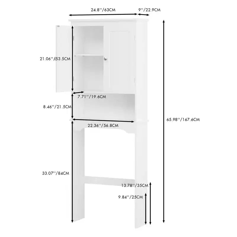 66inTall Over The Toilet Storage Cabinet, Bathroom Shelf Organizer, Wood Space Saver, White