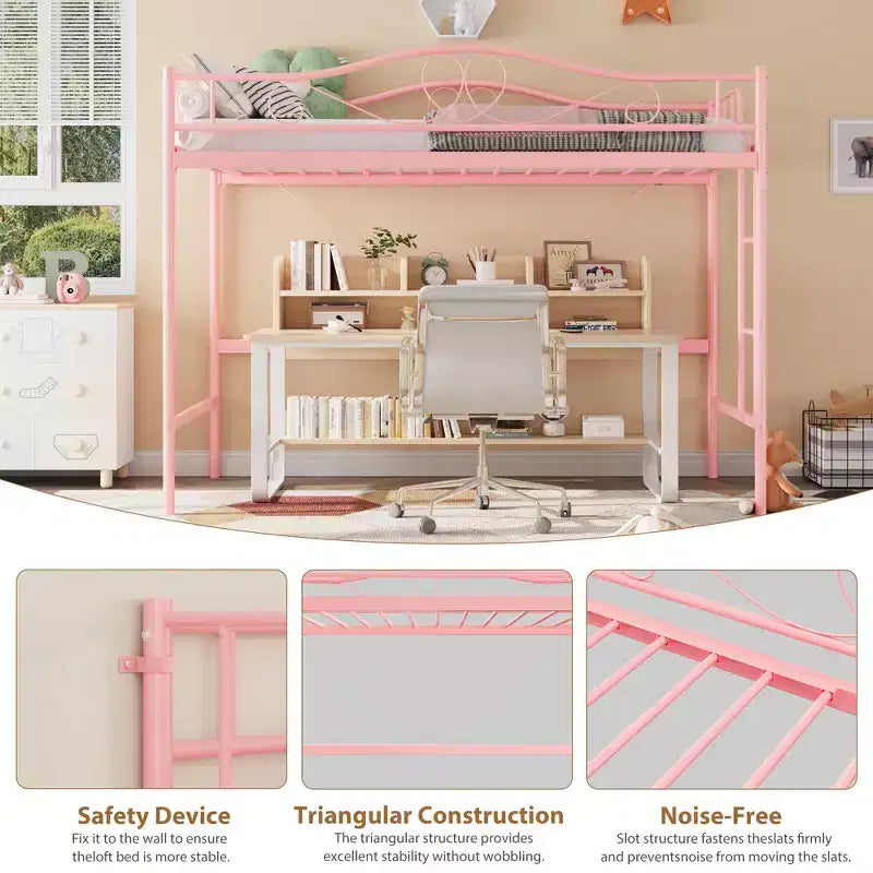 Single loft bed  Heavy-duty metal frame, removable ladder, full-length safety rails, 400 lbs weight capacity, no mattress base required