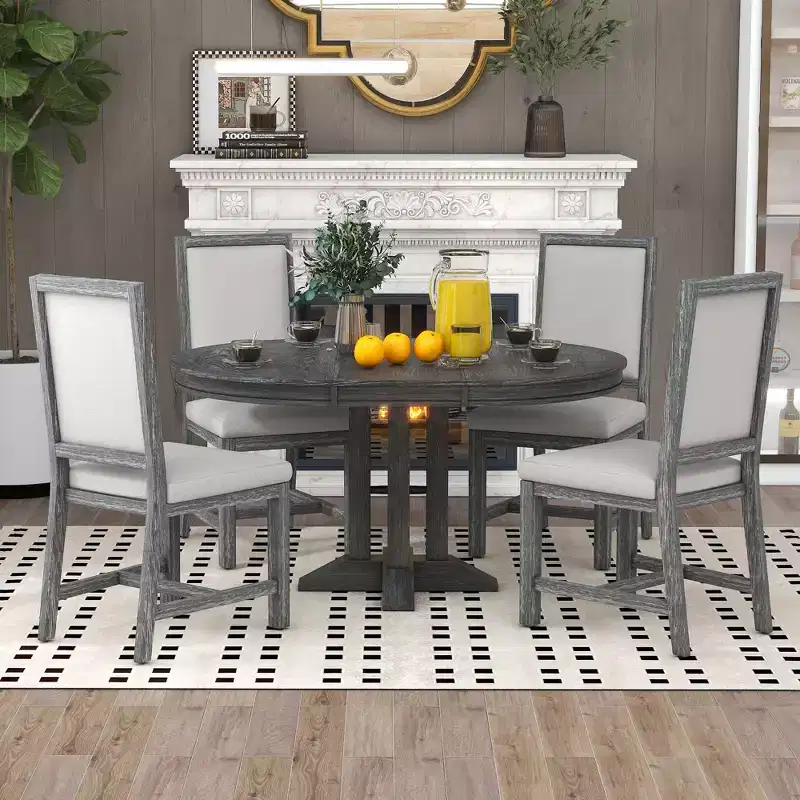 GDFStudio Salome 5 Piece Dining Set with Extendable Round Table and Upholstered Chairs