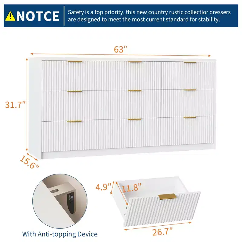 White 9 Drawer Dresser for Bedroom, 63 Wide Fluted Dresser with Smooth Slides, Modern Chest of Drawers with Golden Handles for Bedroom