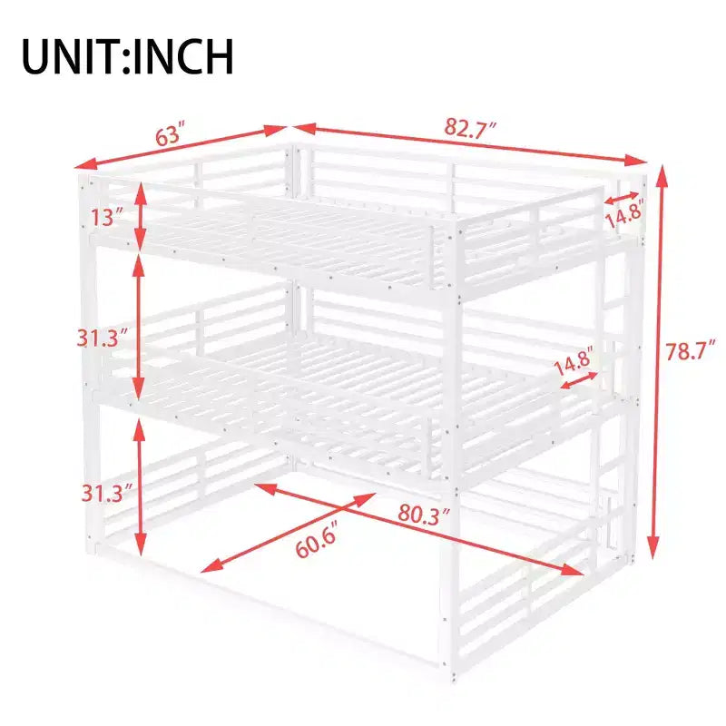 Queen over Queen over Queen Bunk Bed Metal Triple Bunk Bed with Safety Guardrails Heavy-duty Bunk Bed with Noise-reduced Design White