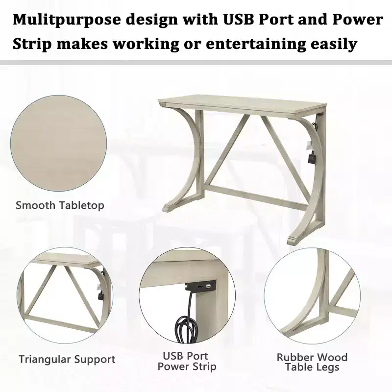 Whisen Farmhouse 3-Piece Counter Height Dining Table Set with USB Port and Upholstered Stools