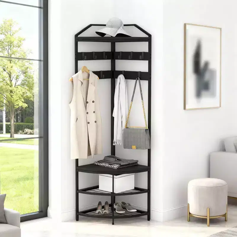 Corner Hall Tree with Shoe Rack, Entryway Coat Rack with Hooks, Freestanding Metal Clothes Rack with Storage Shelf for Home Bedroom Living Room