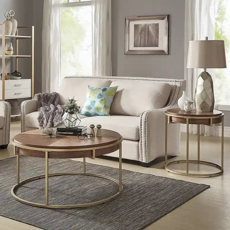Round Coffee Table with Geometric Walnut Veneer Top and Gold Metal Base