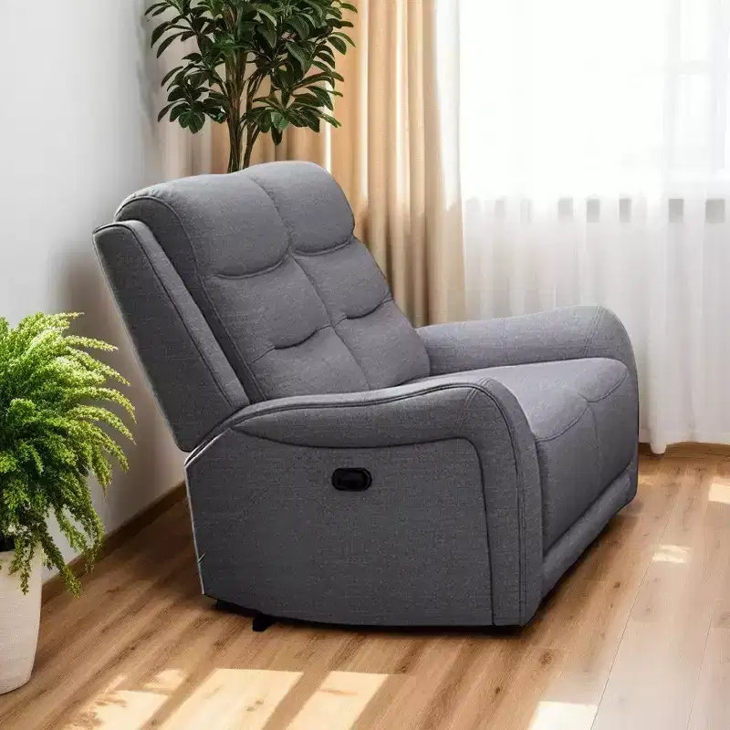 Manual Recliner Loveseat with Scrolled Arms, 40 Inch, Solid Wood, Gray