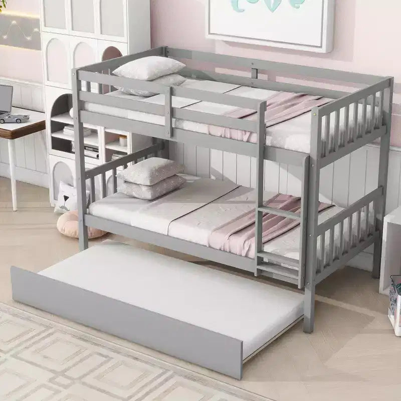 Bellemave Twin Over Twin Bunk Bed with Pull-Out Trundle, Solid Rubberwood, Converts to Two Twin Beds, Ladder & Guardrails, Space-Saving Design
