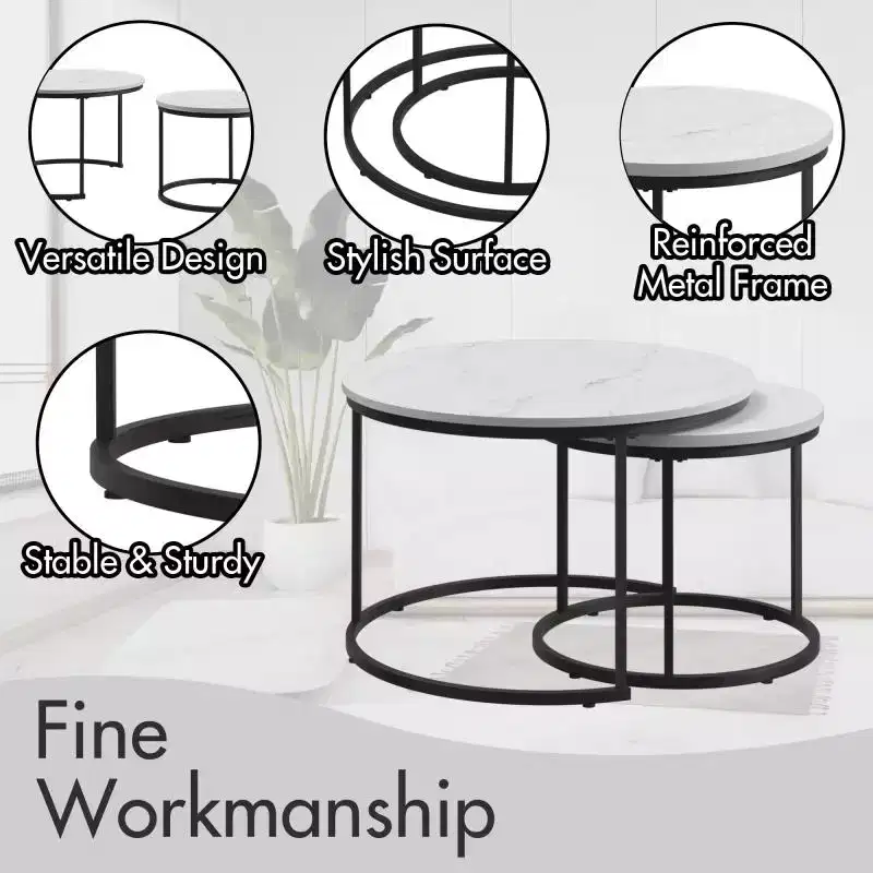Nesting Coffee Table Set of 2, 27.6inch Round Coffee Table Wood Marble Pattern Top with Sturdy Metal Frame, End Table Side Tables