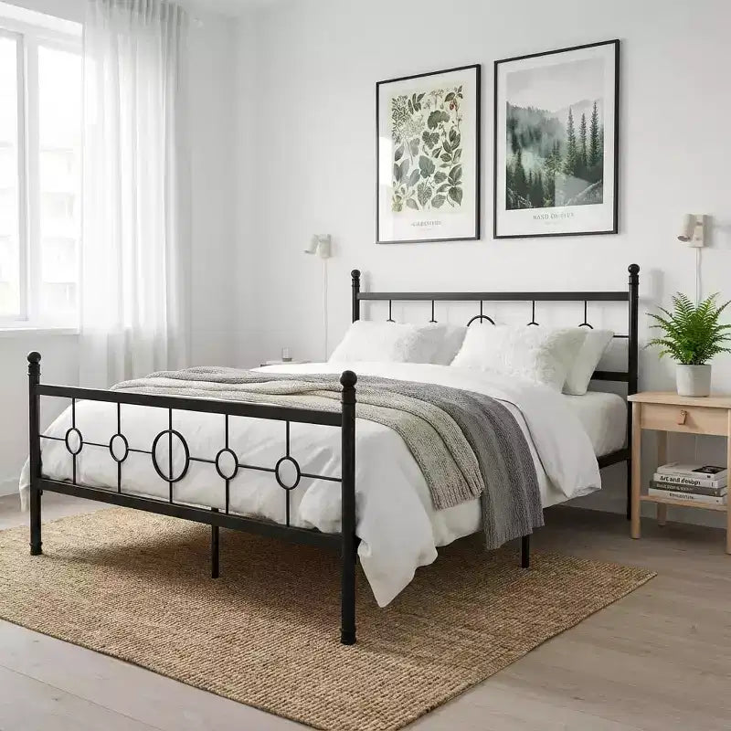 Metal Bed Frame with Vintage Circular Headboard, Heavy-Duty Iron Platform Bed, No Box Spring Needed, Easy Assembly, Black