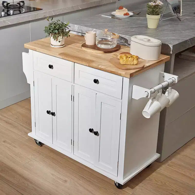 Rolling Kitchen Island Cart with Solid Wood Top Storage Cabinet Drawer Spice Rack and Towel Bar