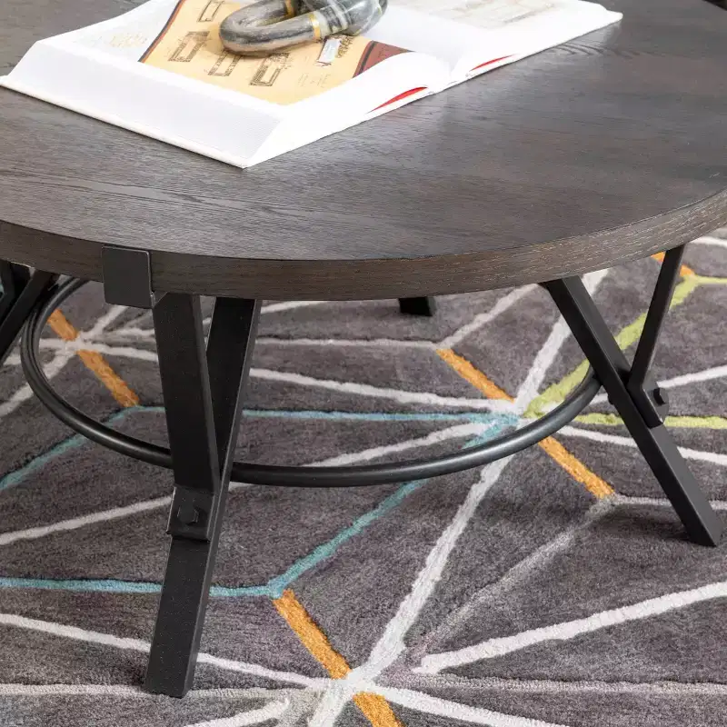 Powell 3pc Galway Wood Top and Charcoal Gray Metal Round Coffee and Side Table Set Charcoal Brown: Rustic Living Room Furniture Set