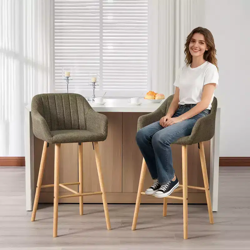 Zeus & Ruta Modern Linen Upholstery Bar Stools Set of 2 with Back, Armrest & Wood Legs, Kitchen Island Height