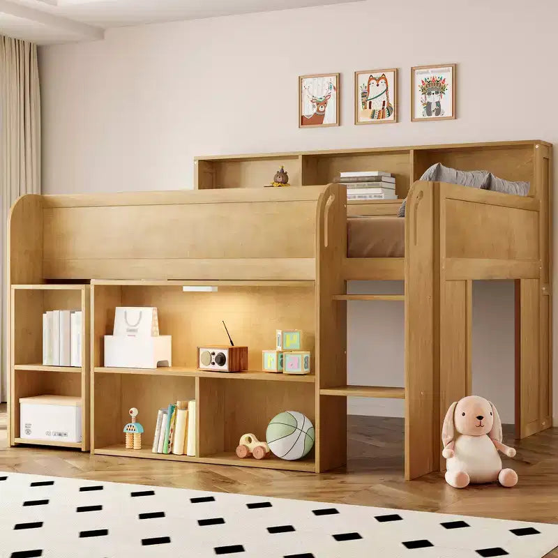 Whisen Full Size Wood Elegant Loft bed with Multiple Storage Shelves, Desk