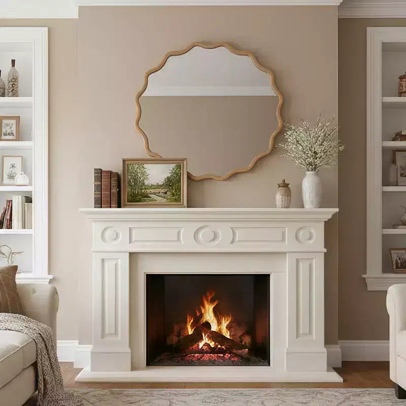 Whisen 36 Wavy Round Decorative Mirror, Solid Wood Frame, Entryway