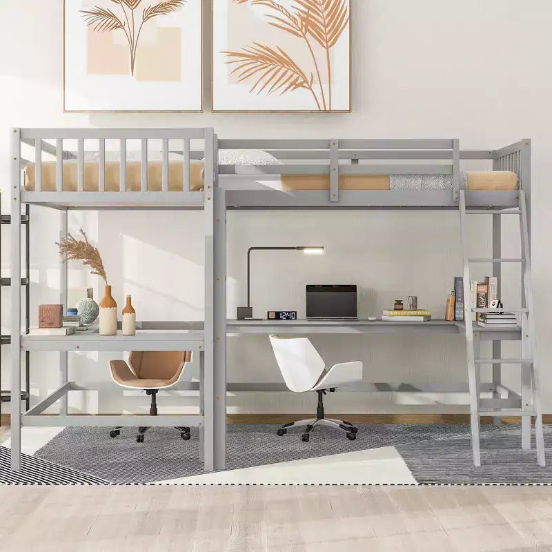 Whisen 119''L  79.5''W Wood Twin Size L-Shaped Loft Bed with Ladder and 2 Built-in L-Shaped Desks