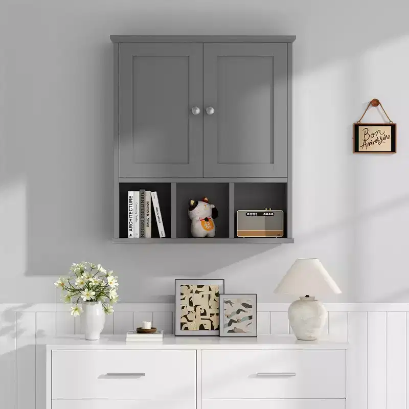 Bathroom Medicine Cabinet Wall-Mounted with 2 Doors & Open Shelf for Organized Storage