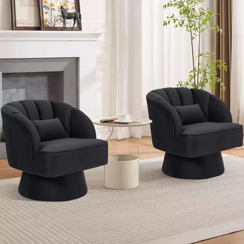 Modern Swivel Barrel Accent Chair, 360 Degree Velvet Upholstered Armchair with Striped Backrest & Plush Padding, Comfy Round Lounge Chair 2 PCS