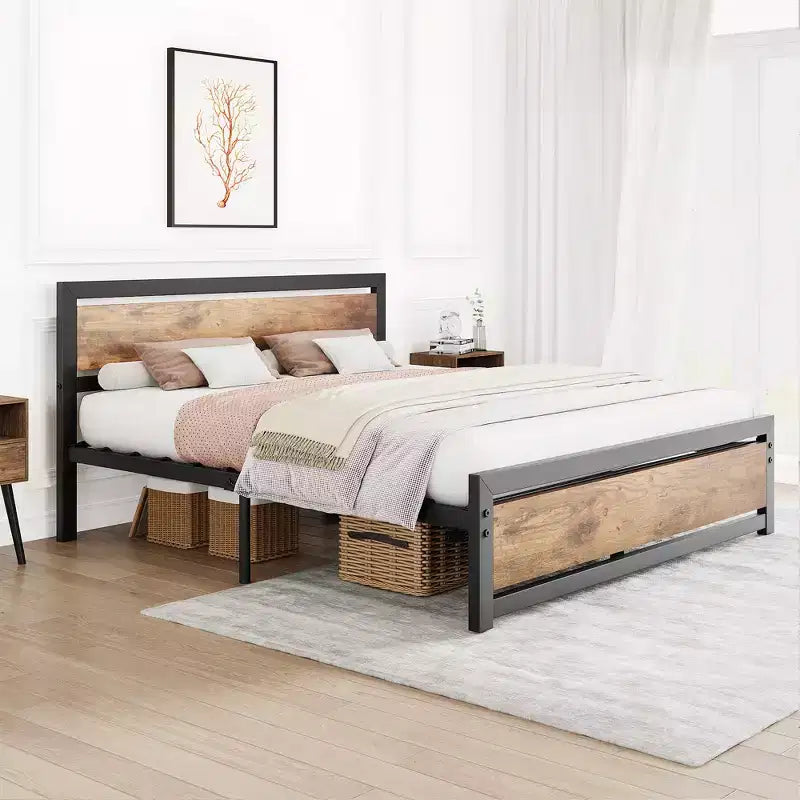 Metal platform queen bed frame with wooden headboard and footboard, non-slip and durable, with ample under-bed storage, no box spring required.