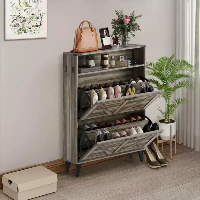 Slim Shoe Storage Cabinet with 2 Flip Drawers, Freestanding Narrow Shoe Organizer for Entryway, Hallway, or Foyer
