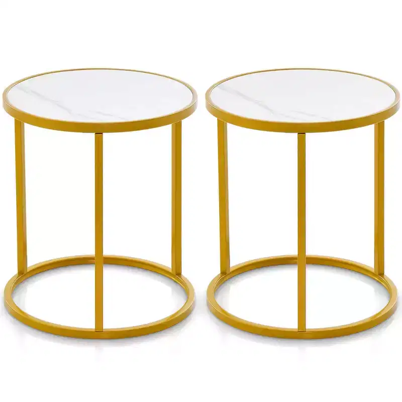 Costway 2PCS Marble Top Round Side Table 19.5x19.5 End Table w/Golden Metal Frame Gold