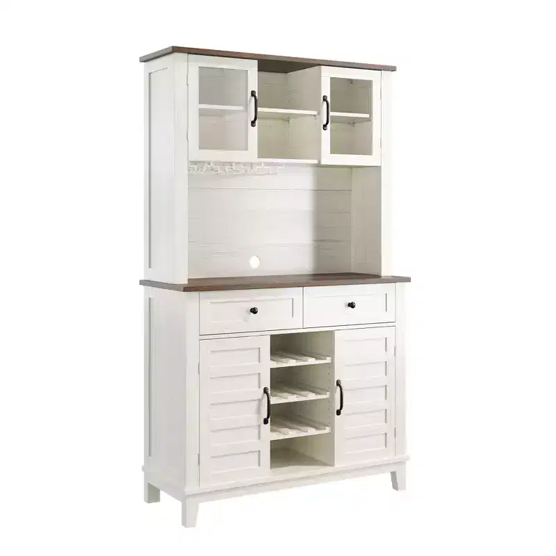 72-Inch Bar Cabinet with Wine Rack, Glass Holder and Adjustable Shelf, White