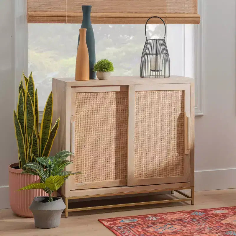 Gordon Transitional Sliding Natural Cane Door Cabinet with 1 Shelf and Gold Metal Base - Powell
