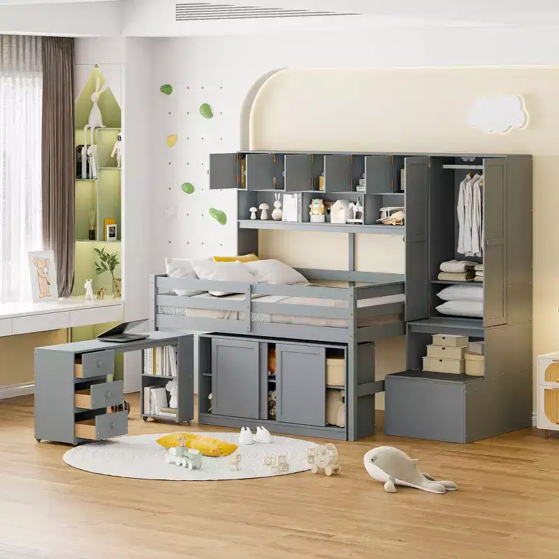 108.2L x 42W Modern Design Loft Bed with Wardrobe, Desk, Drawers and Shelves