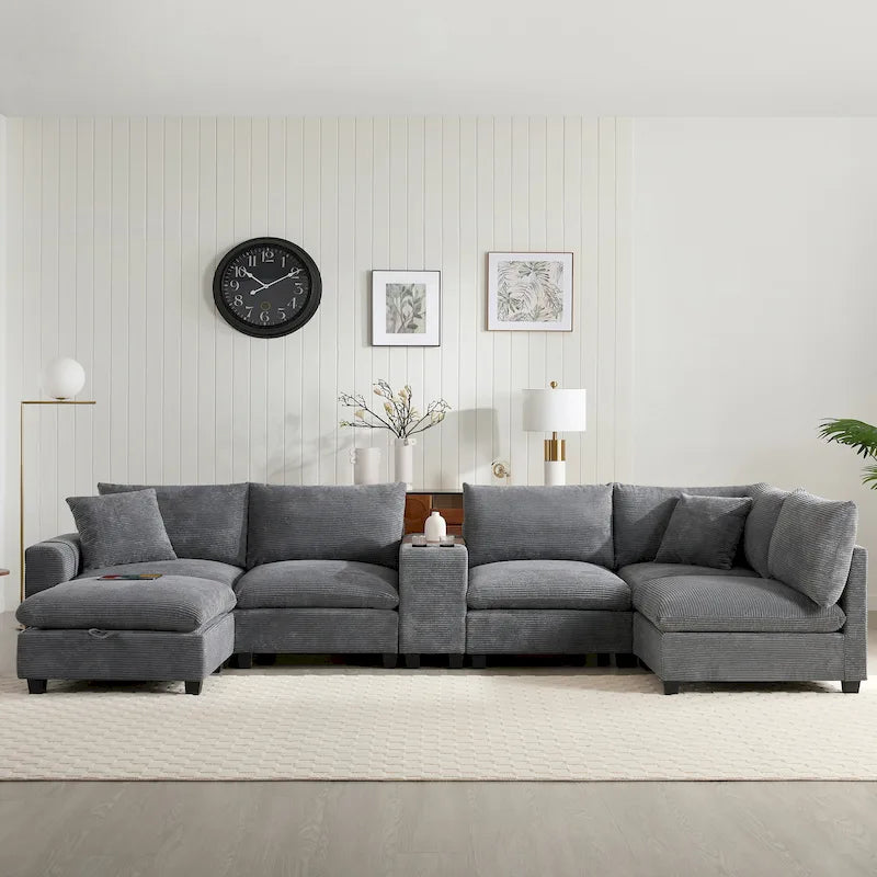U Shaped Chenille Sofa w/Ottoman,Console,Cup Holder,Wide Seat,USB