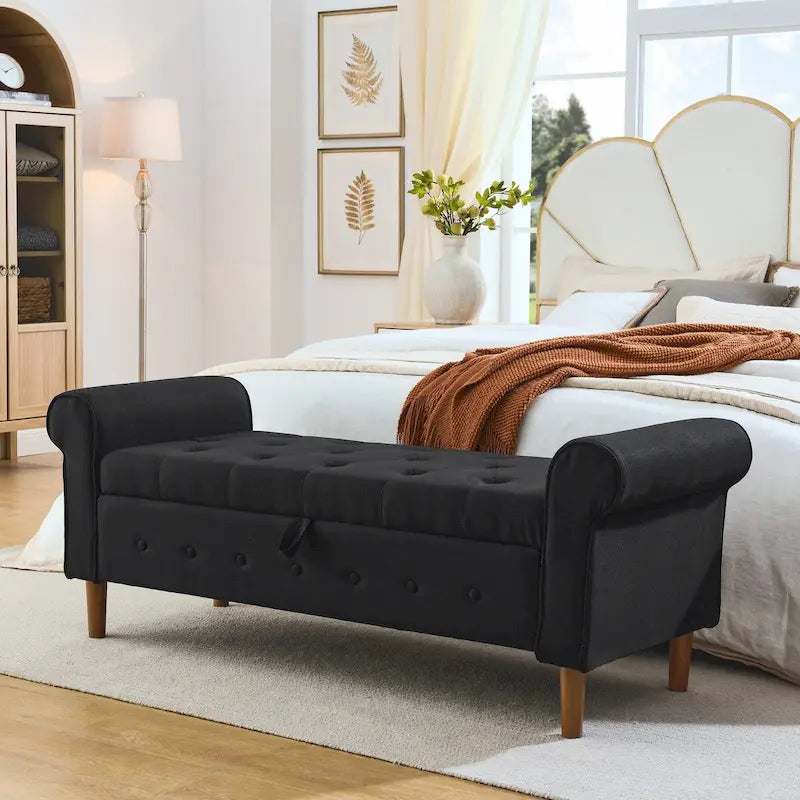 62 Bedroom Tufted Button Storage Bench Linen Upholstered Ottoman
