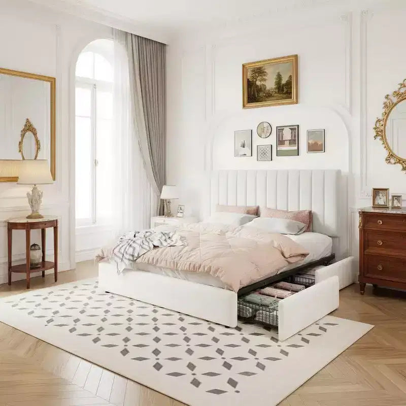 Bed Frame with 4 Storage Drawers and Velvet Upholstered Headboard