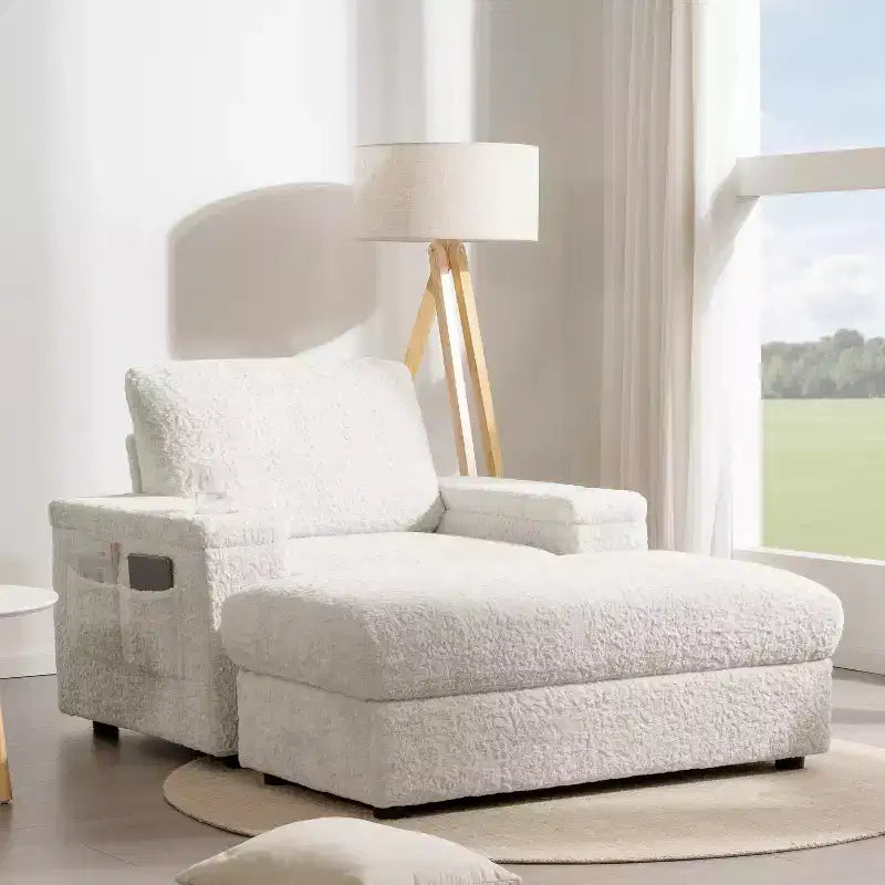 Whisen Oversized Faux Rabbit Fur Chaise Lounge with Storage Ottoman and Armrests, Upholstered Sleeper Sofa Bed with Cup Holders