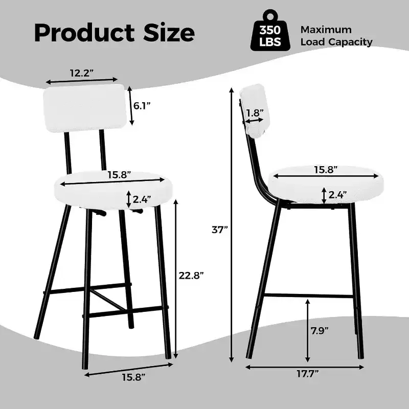Boucle Bar Stools, 24 Counter Height Bar Chairs with Back & Footrest, Modern Upholstered Round Stools for Kitchen Island, Cafe, Beige