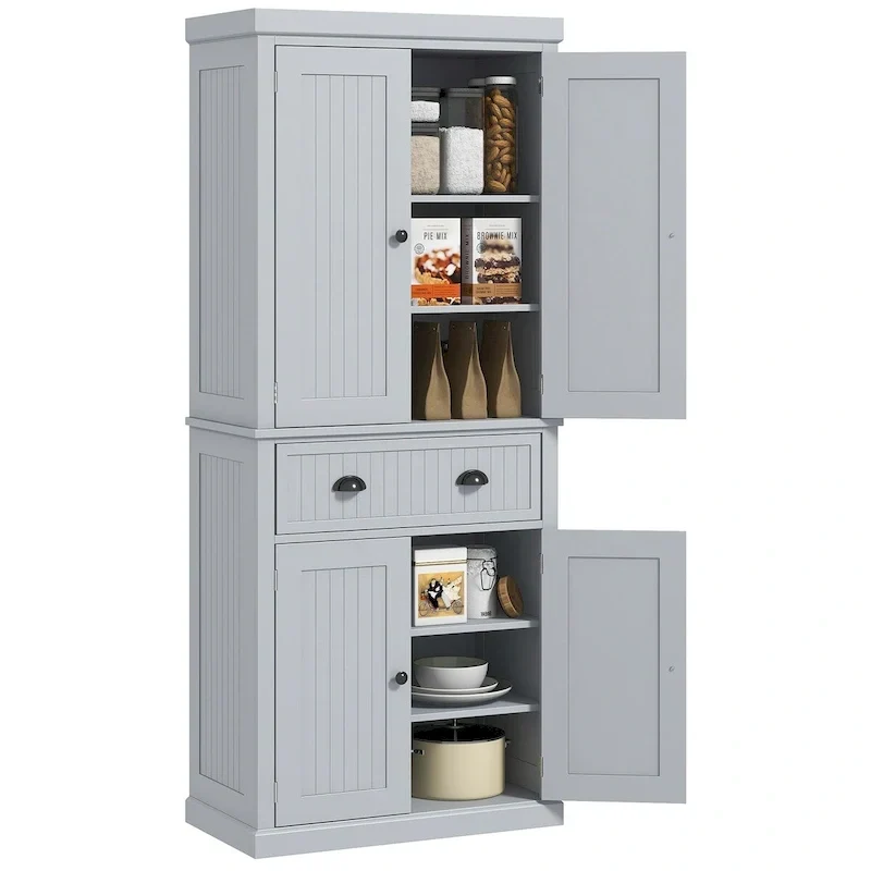 72 Kitchen Pantry Storage Cabinet, Traditional Freestanding Cabinet with 4 Doors and 3 Adjustable Shelves, Large Central Drawer