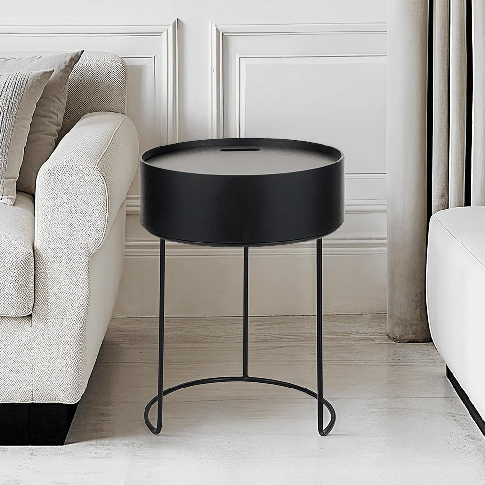 Black Wood Veneer & Metal Storage Side Table