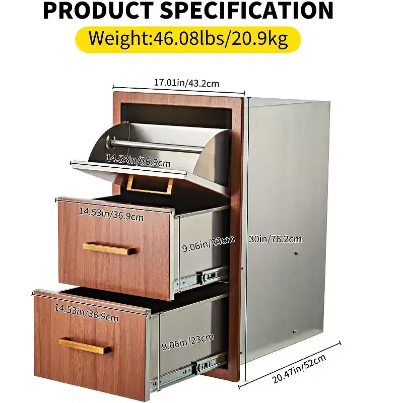 Triple Flush Mount Outdoor Kitchen Drawers with Stainless Steel Handle - Integrated Paper Towel Holder for BBQ Island & Patio Grill Station