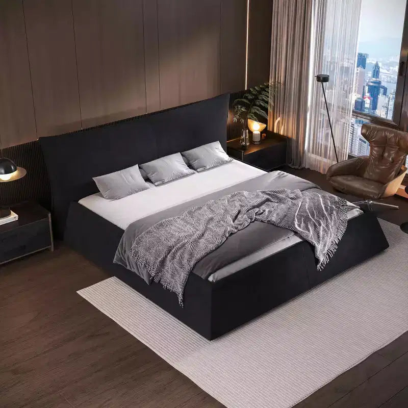 MAYEERTY King Size Upholstered Platform Bed with Special Shaped Velvet Headboard,Metal & Solid Frame Black