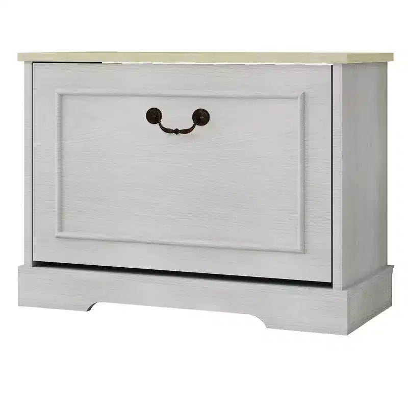 AndMakers 17.71 in. H x 23.62 in. W Antique White Shoe Cabinet with 1 Flip Drawer and Adjustable Shelf