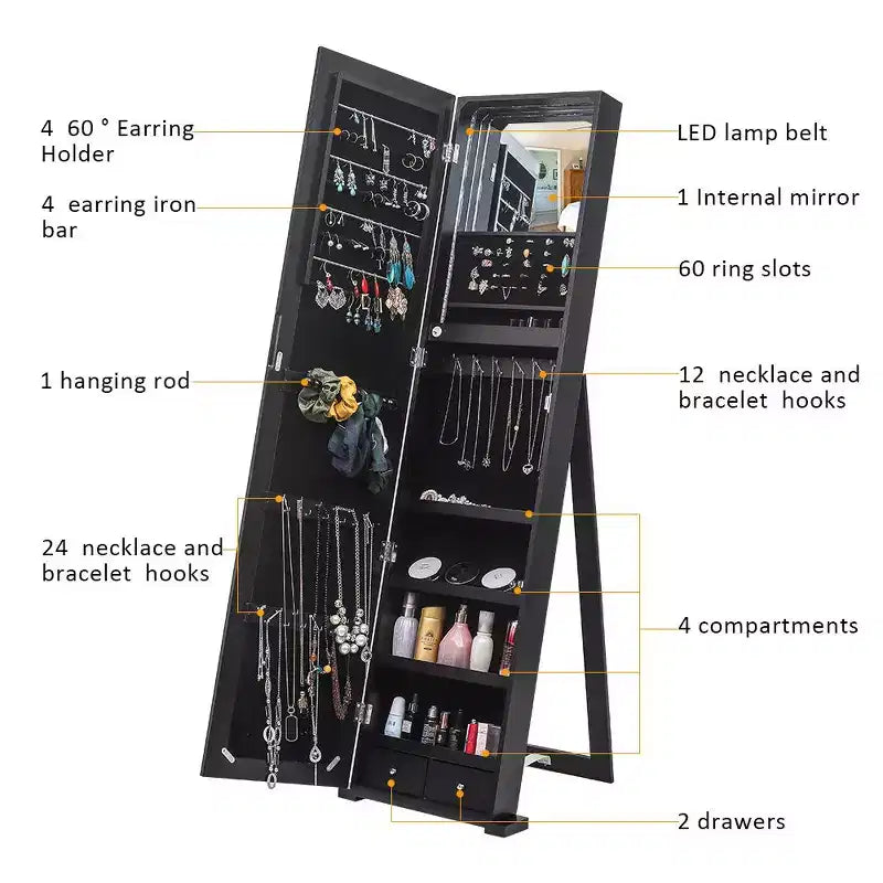 Karl Home Mirror Jewelry Cabinet Armoire, Freestanding Lockable Storage Organizer
