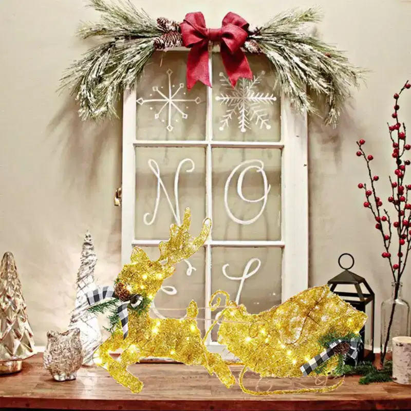 Christmas Reindeer Decor, Lighted Tabletop Deer with Sleigh for Holiday Decorations